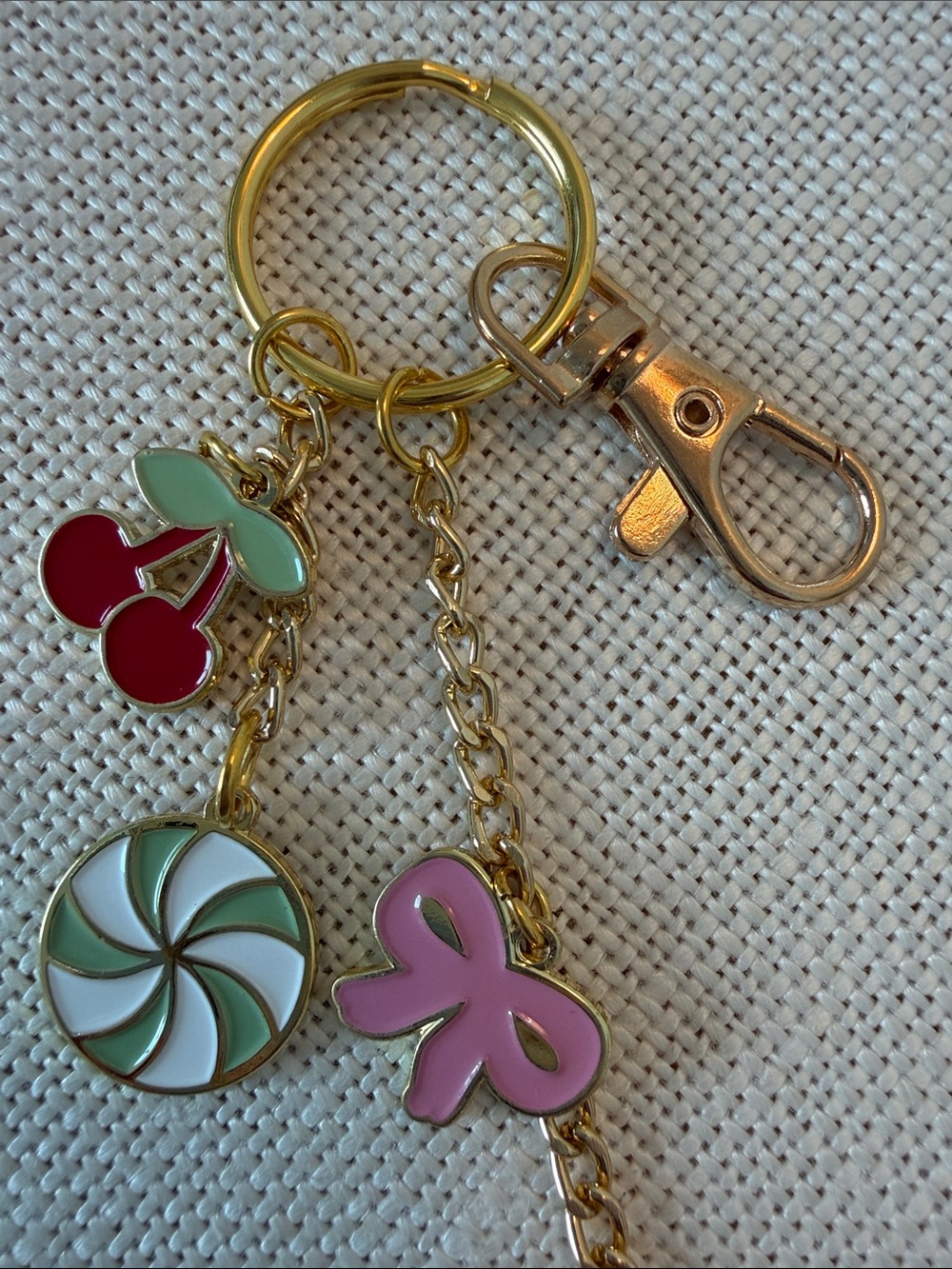 Summer Fridays Gold Keyring with Pink Bow, Red Cherries & Mint Swirl Charms - Picture 3 of 3